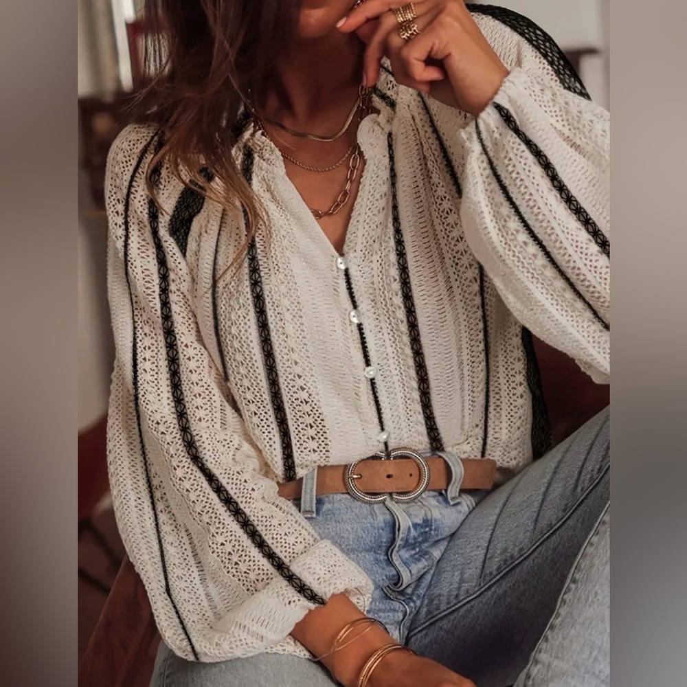 Boho Open Knit Long Sleeve Blouse Top; Ivory Black Bohemian Blouse
